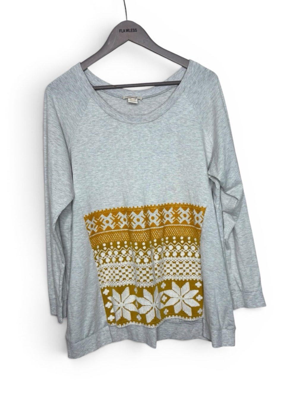 Sundance Heather Gray Embroidered Boho Raglan Sweatshirt Lagenlook Sweater L